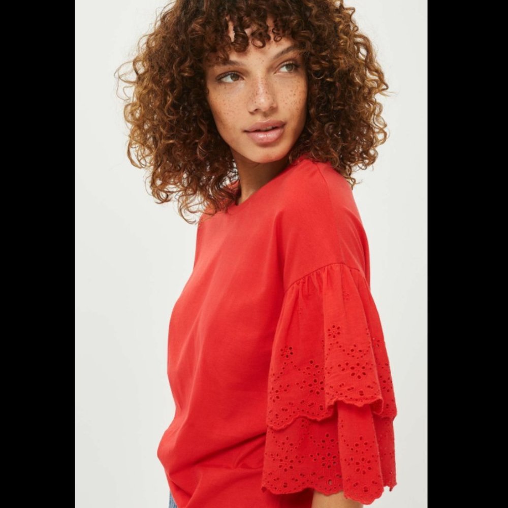 TOPSHOP Broderie Flute Sleeves T-Shirt in …